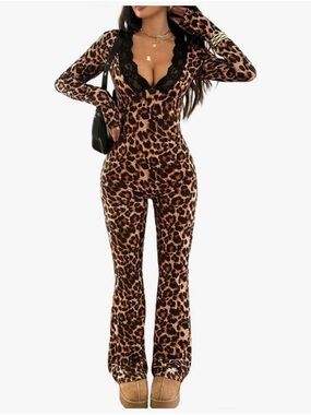Leopard Print Long-Sleeve Jumpsuit with Lace Trim